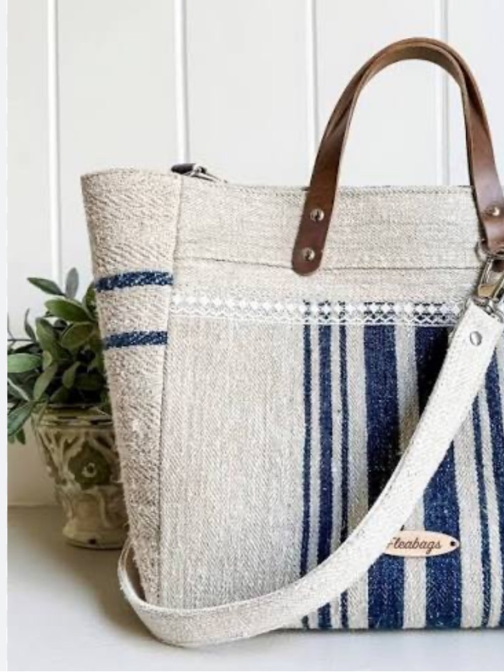 Fleabags Canvas Beige and Navy Striped Market Tote Bag